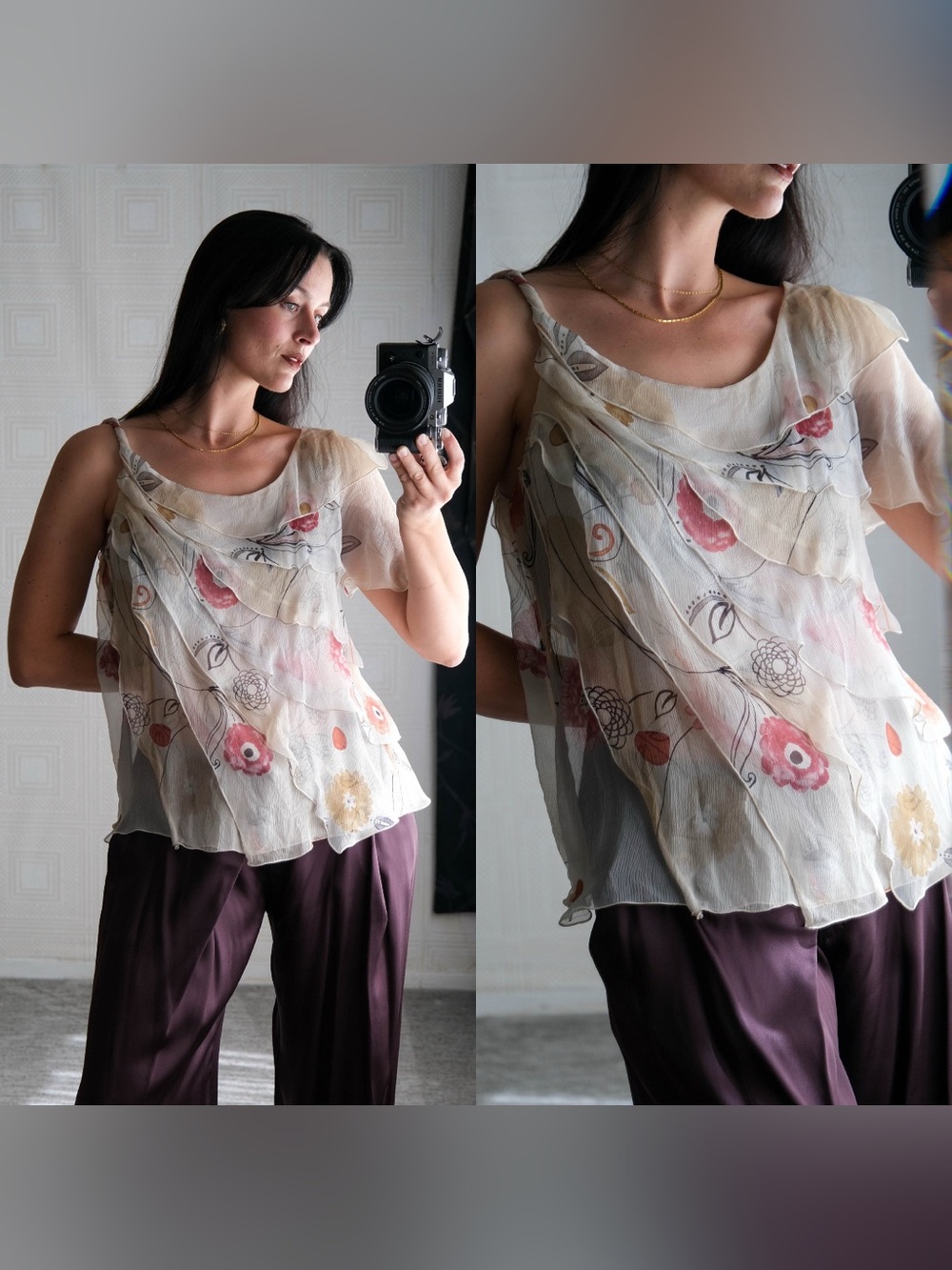 Giorgio Armani Ruffle Tiered Assymetric Floral Blouse Sz XL Fairycore Dainty